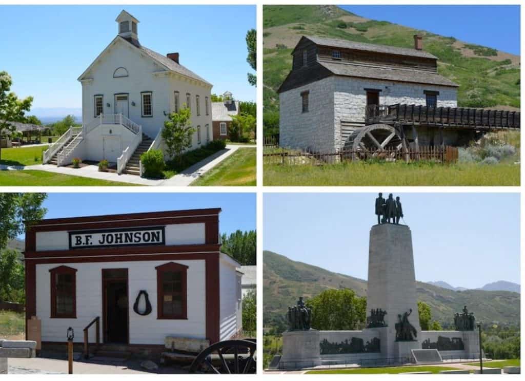 4 pictures of historic landmarks and buildings in heritage park Salt Lake City Utah
