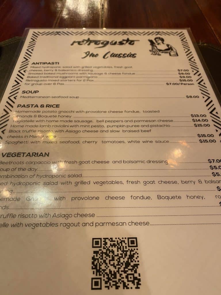 restaurant menu, Boquete Panama